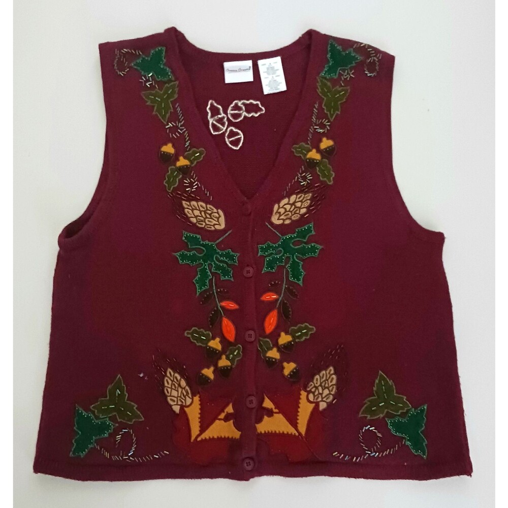VTG Bobbie Brooks Burgundy Cotton Blend Fall Theme Knit Vest Sz L Applique Beads